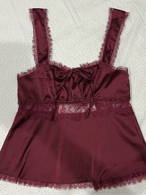Edikted Wine Satin Lace-Trim Chemise